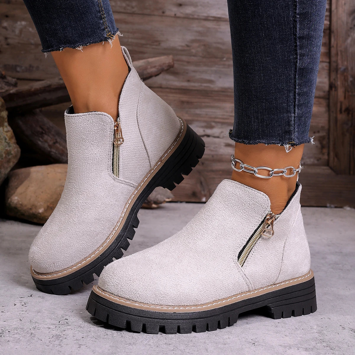 Women Simple Stylish Boots 2025 New Thick Sole Ankle Boots Fashion Comfortable Shoes for Women Plus Size Platform Shoes Women Zpaxo Beige 36