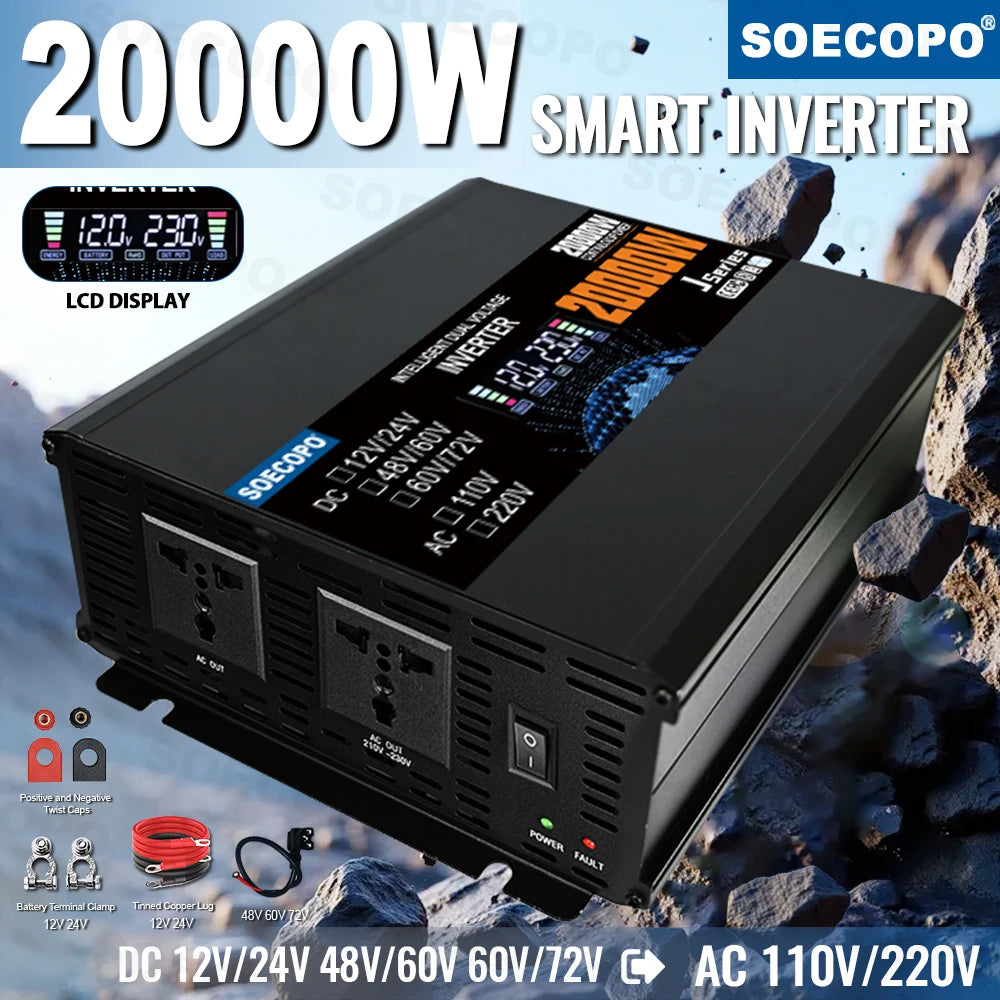 20000W Smart Inverter Dual Voltage Input Solar Current Inverter DC 12V/24V 48V/60V 60V/72V To AC 110/220V Home Camping Zpaxo