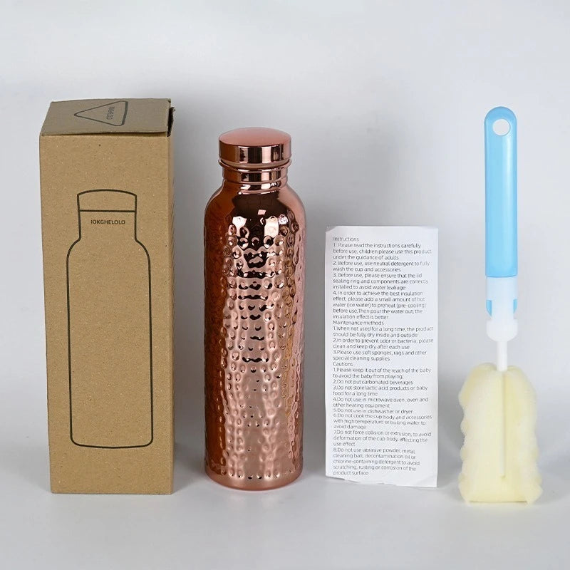 New 800ML Electroplated Copper Water Bottle One-Click Open Lid Stainless Steel Hammer Pattern Cup Sports Water Bottle Zpaxo