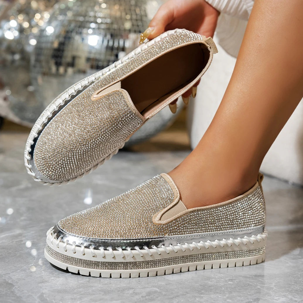 Women Sneakers Slip on Sexy Platform Casual Shoes Female Outdoor Luxury Crystals Flat Sneakers Women Rhinestone Flat Loafers Zpaxo Khaki 39