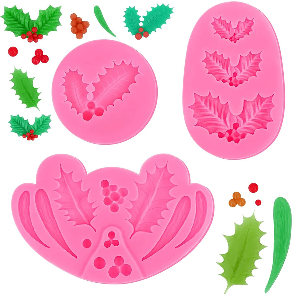 3Pcs Christmas Holly Leaves Silicone Molds Holly Leaf Fondant Chocolate Dessert Cake Decorating Baking DIY Art Crafts Making Zpaxo