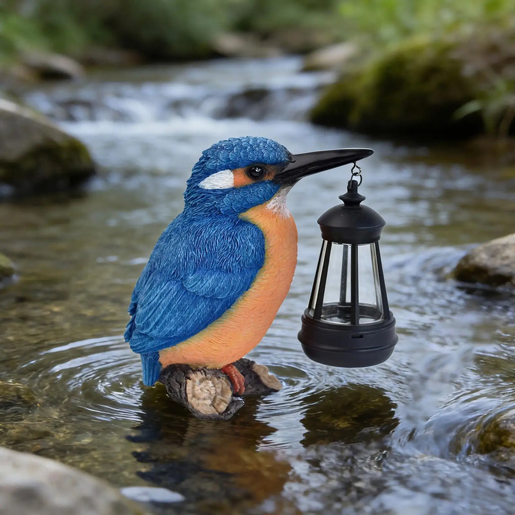 Bird Statues Outside Resin Blue Kingfisher Sculpture Solar Lantern