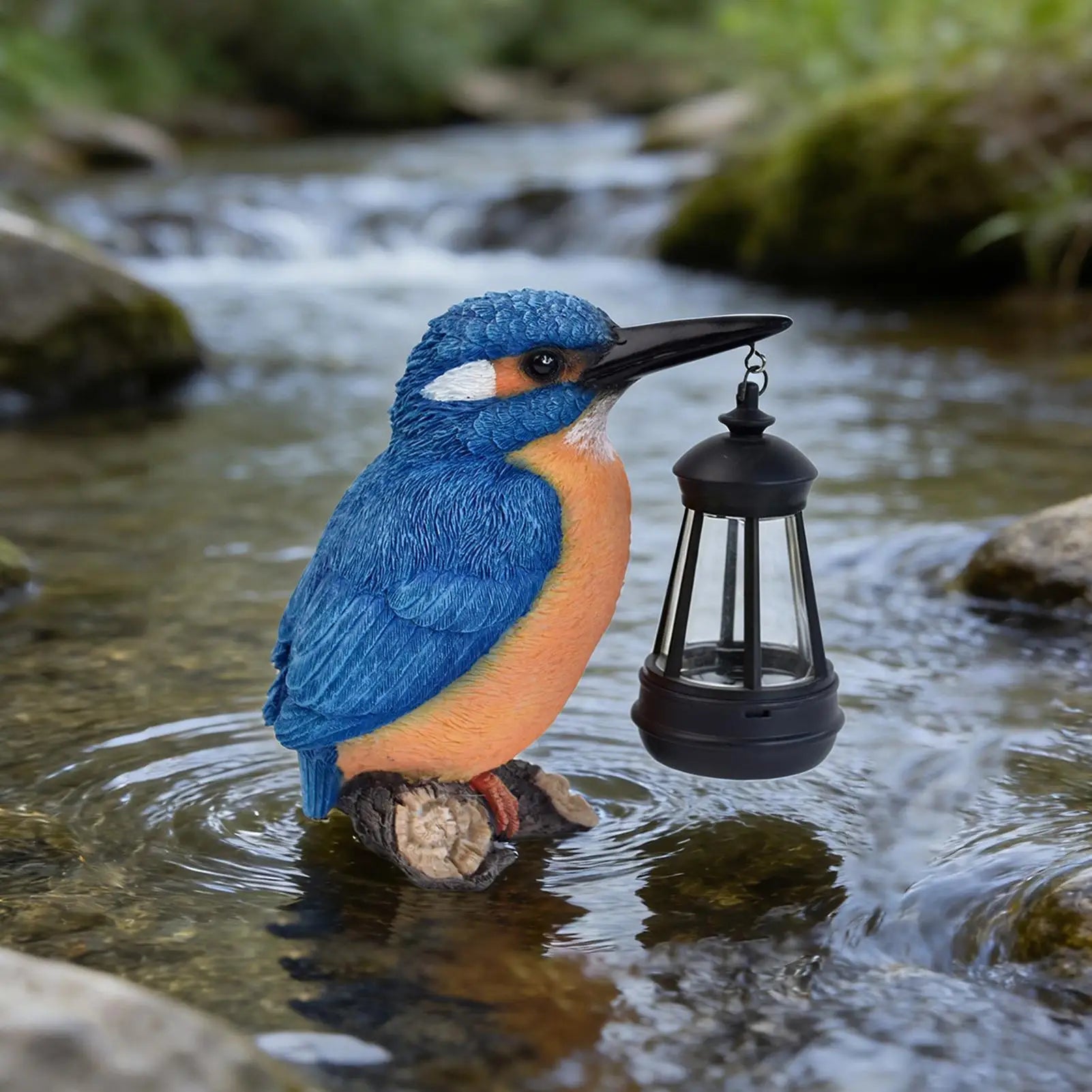 Bird Statues Outside Resin Blue Kingfisher Sculpture Solar Lantern