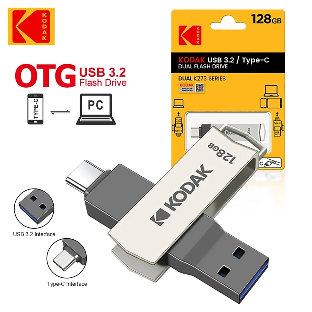 Kodak Type C Pendrive USB 3.2 Metal USB Flash Drive 128GB 64GB 32GB 256GB HDD 2 in 1 U-disk for Keys Smartphone Laptop Desktop Zpaxo