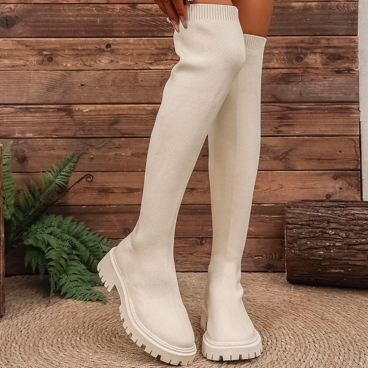 2025 New Women Knee Boots Trend Slip on Shoes Woman Thick Bottom Luxury Knee High Boots Chunky Platform Knitted Long Boots Women Zpaxo