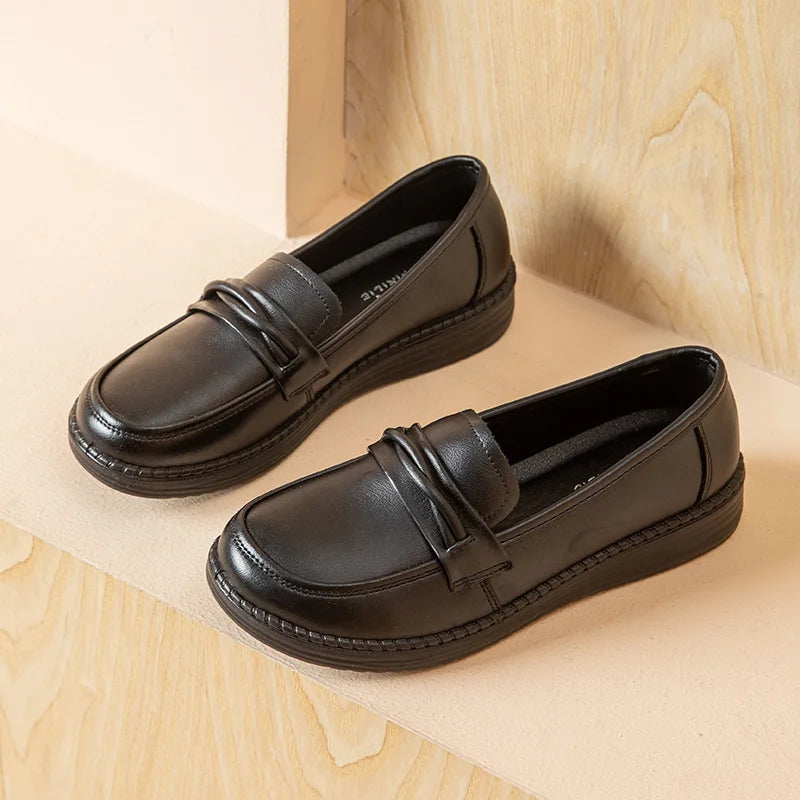 Black Leather Loafers Women Knot Detail Round Toe Non Slip Thick Sole Zpaxo