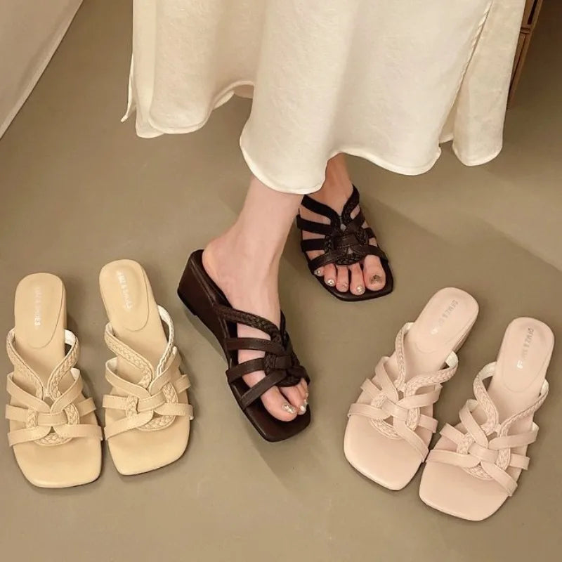 Women's Square Open Toe Solid Weaving Wedge Heel Slippers Summer Zpaxo