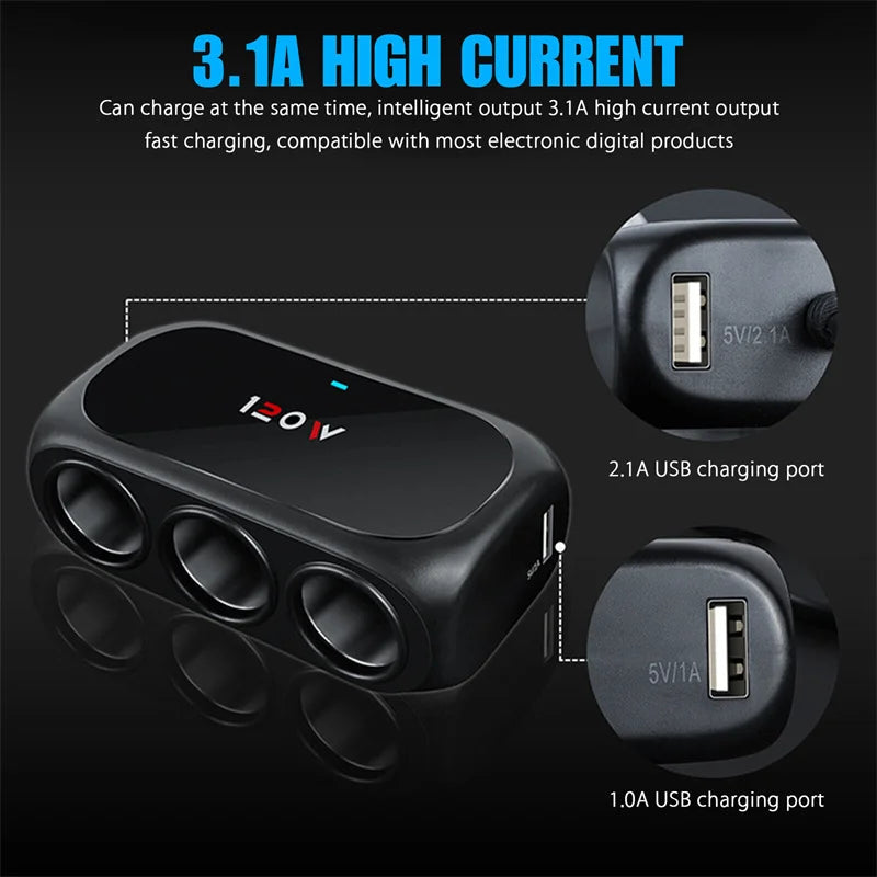 3 Socket Car Cigarette Lighter Splitter Dual USB LED Fast Charger
