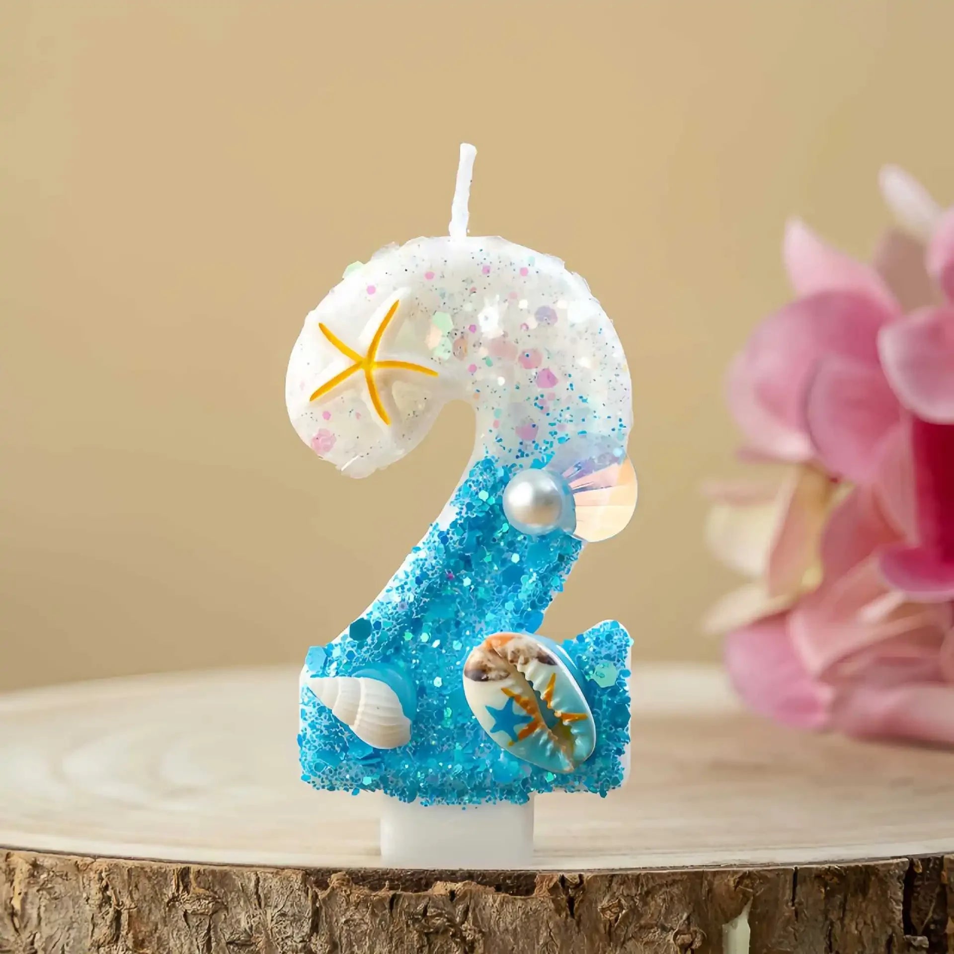 Ocean-themed Blue White Glitter Number Birthday Candles Seashell Zpaxo number 2 B15040C