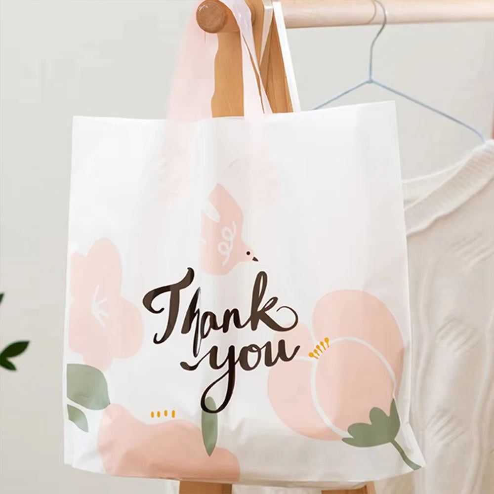 20/50Pcs Thank You Gift Bag with Handle Plastic Floral Shopping Bags for Small Business Wedding Birthday Party Gift Bags Zpaxo