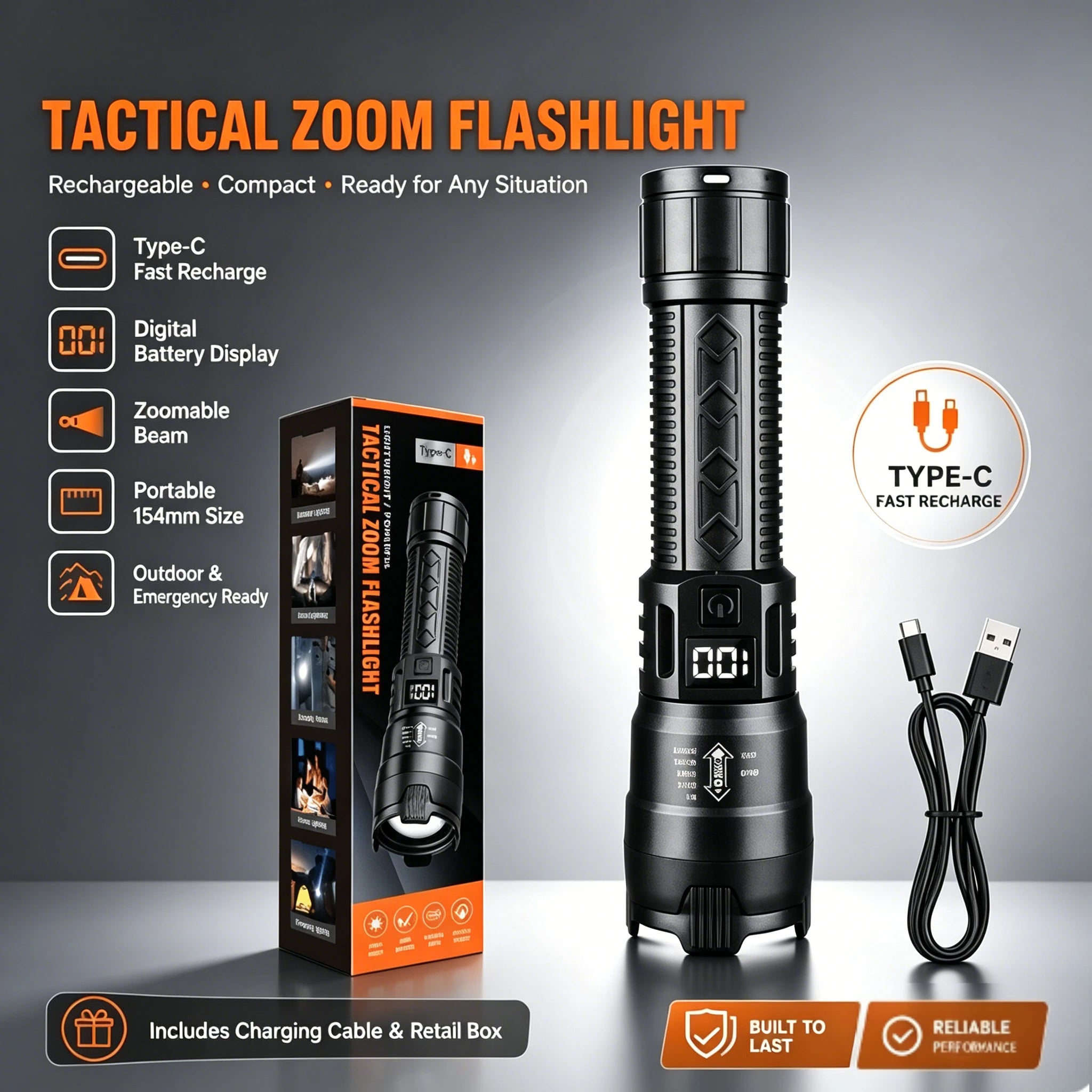 2000 Lumen USB-C Rechargeable LED Flashlight – Zoom Torch