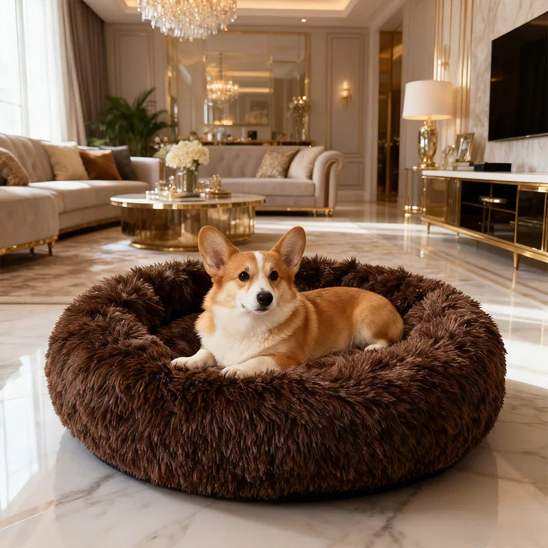 Round Pet Bed Soft Long Plush Winter Warm Sleeping Nest Large Medium