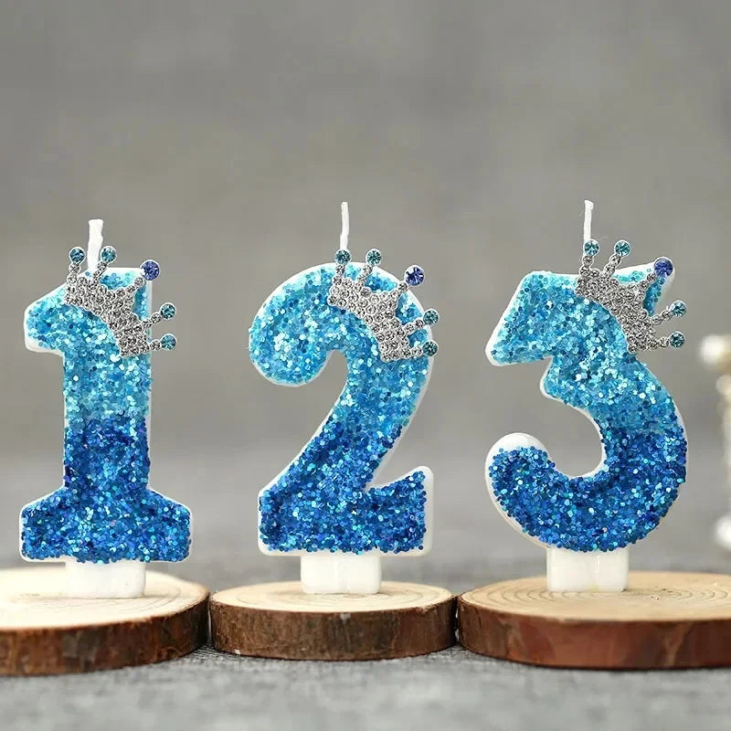 Crown Decor Digital Birthday Candles Blue Sequins Cake Decoration