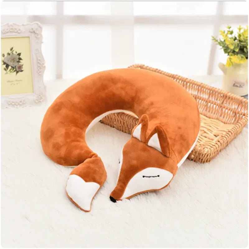 Cute Fox U Shape Neck Pillow Animal Cotton Plush Travel Car Home Pillow Health Care with Eye Mask Nap Animal Pillow Almohada Zpaxo brown 28x28x8cm