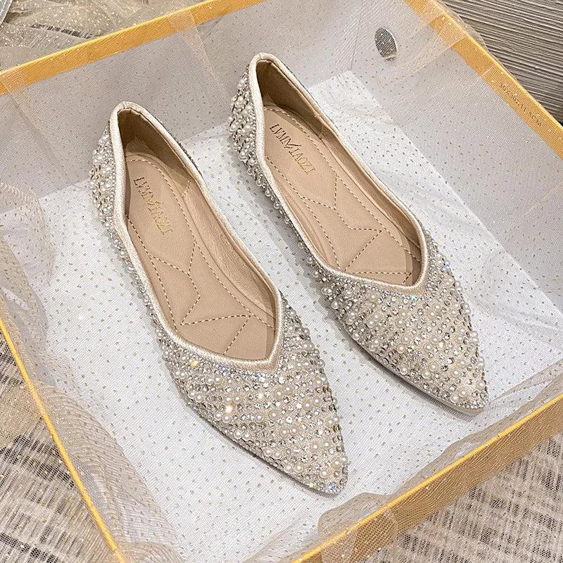 Diamond Flat Shoes for Women's Spring Autumn 2025 New Style Fashion Flat Bottom Scoop Shoes Large Size 41 42 43 Luxury Shoes Zpaxo Beige 41