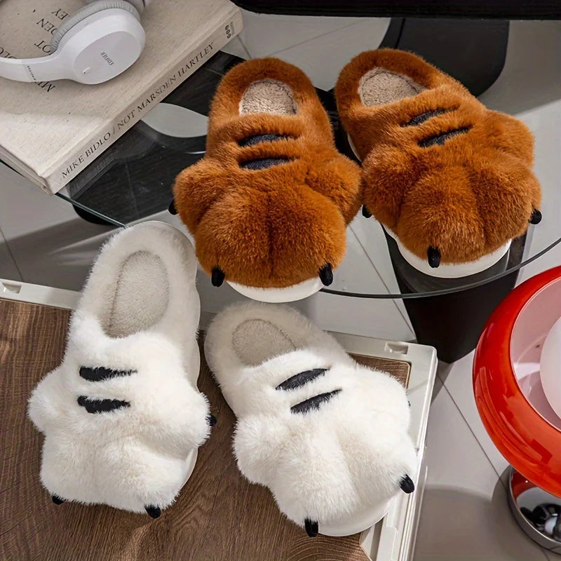 Cute Cartoon Fluffy Slippers Women Men Winter Warm Soft Plush Big Paw Zpaxo