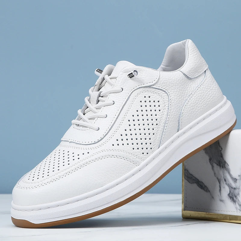 White Breathable Leather Sneakers Casual Lace Up Shoes Perforations Zpaxo White Hole 37