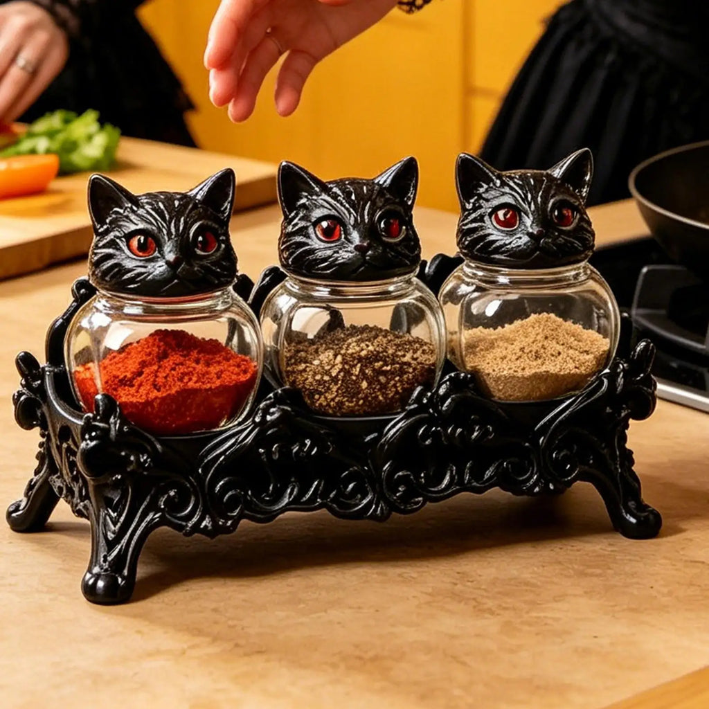 Glass Jar 3 Piece Cat Head Airtight Gothic Tea Containers seasoning Jars with Lids for Salt Pepper Tea Leaves Kitchen Dining Zpaxo