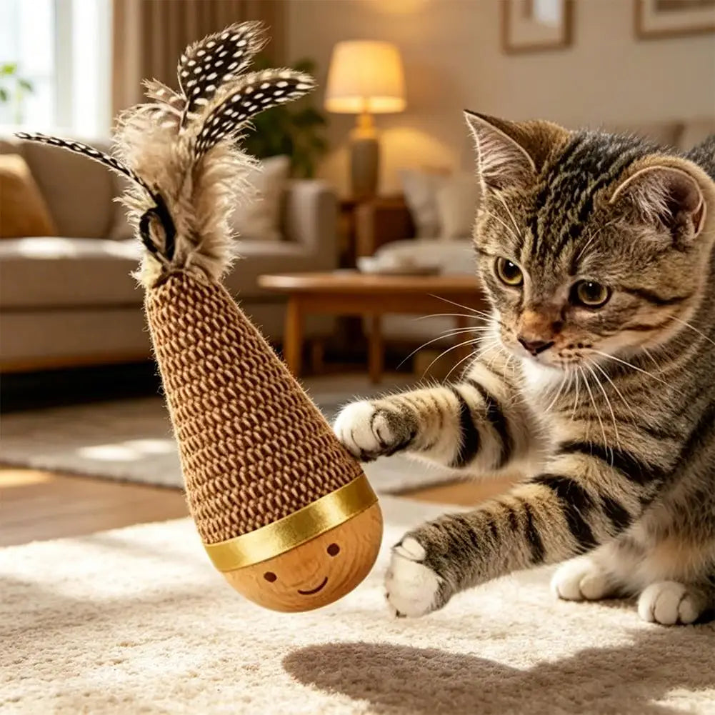 Funny Feather Kitten Teaser Feather Kitten Teaser Cartoon Pattern Cat Tumbler Wobbler Toys Wobble Ball Indoor Play Gift Cat Zpaxo