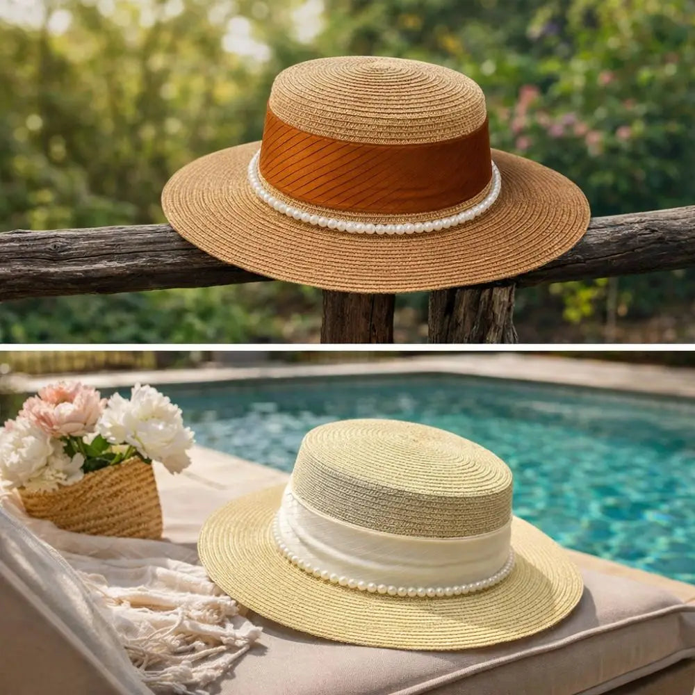 French Hepburn Style Straw Hat Straw Weaving UV Protection Pearl Chain Hat Solid Color Breathable Wide Brim Hat Travel Accessory Zpaxo