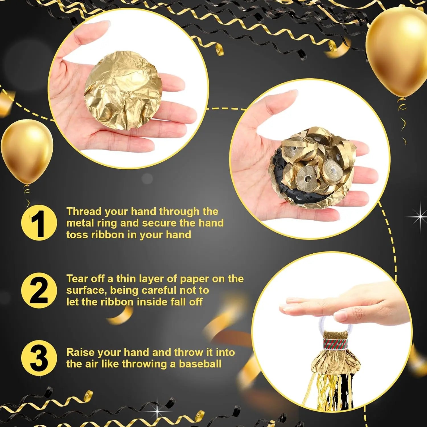 Gold Hand Throw Streamers Popper Black Celebration Graduation