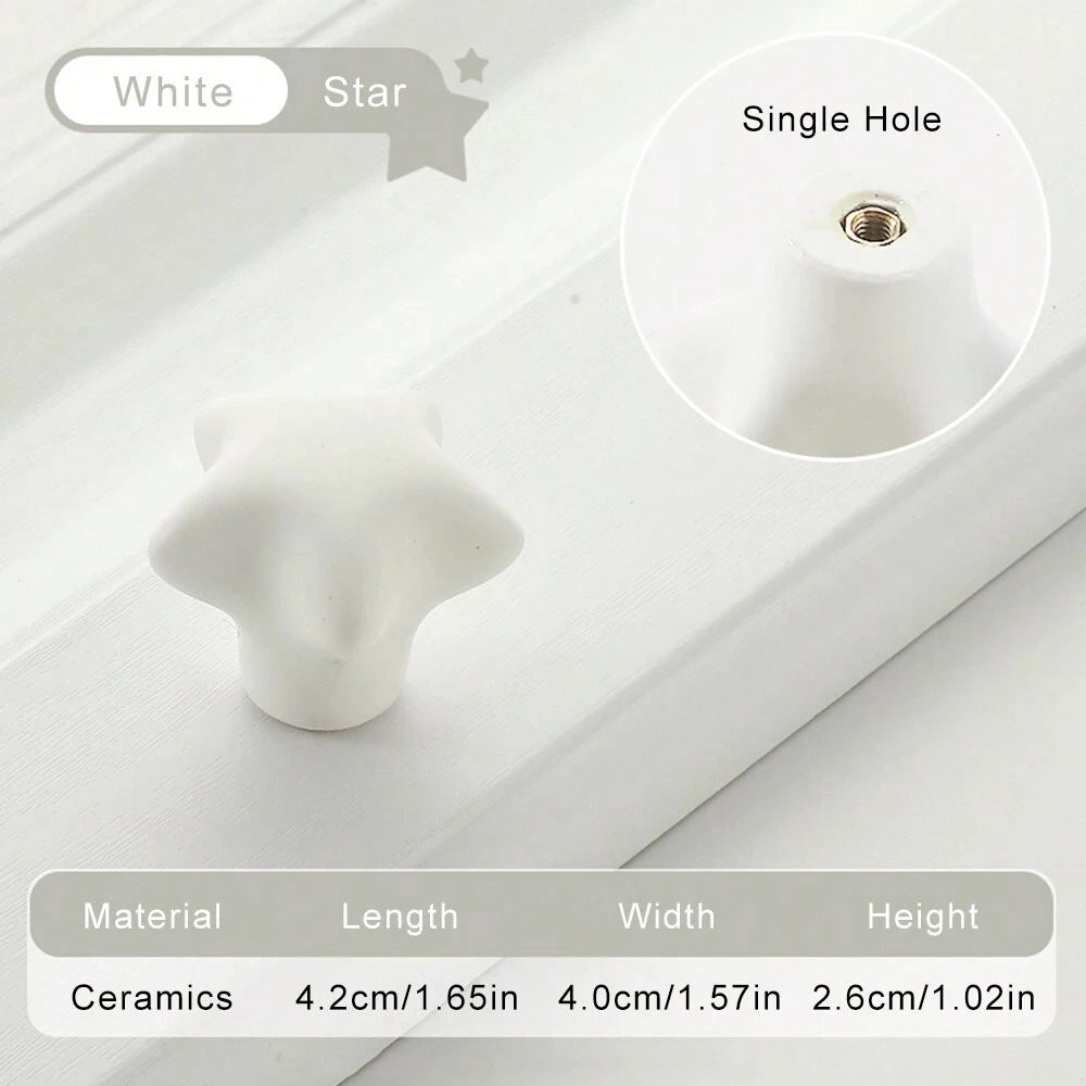 Children's Room Cabinet Knobs Ceramic Cabinet Handle Cartoon Clouds Star Cabinet Wardrobe Drawer Pull Handles for Kids Room Zpaxo Star White