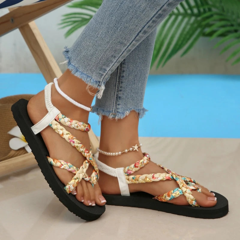 Outdoor Women Sandals Trend Floral Printing Flat Sandals Women Lightweight Slip on Beach Shoes Woman Braided Band Bohemian Shoes Zpaxo