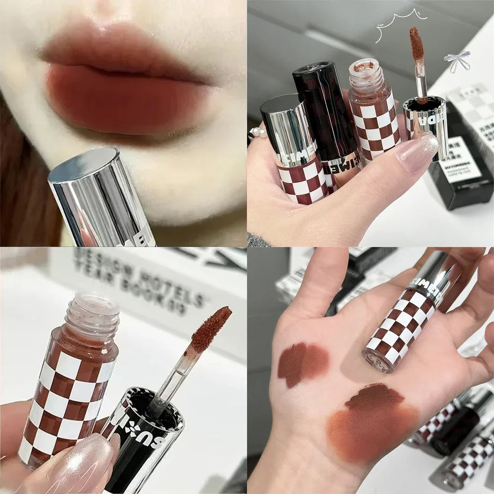 Checkered Nude Purple Matte Lip Mud Mousse Lipstick Waterproof Punk Zpaxo 01