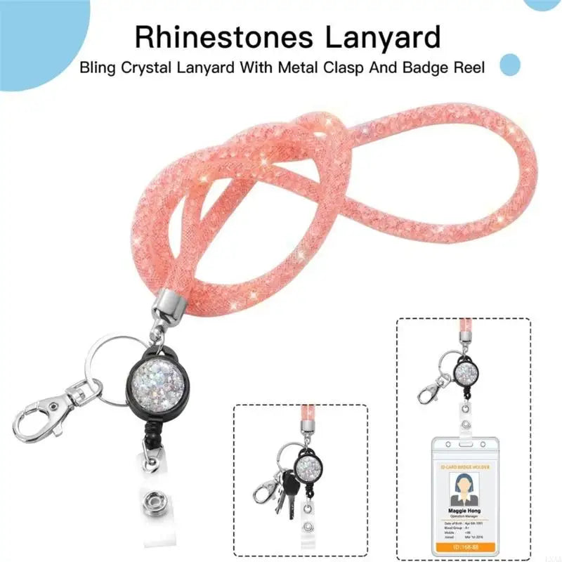 Rhinestones Lanyard Badge Card Holder Teacher Retractable Necklace