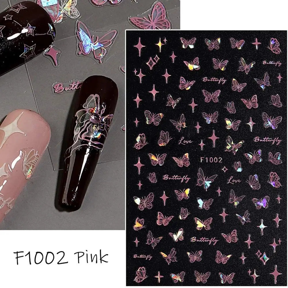Butterfly Laser Nail Stickers Holographic Glitter Shining Adhesive Slider DIY 3D Nail Art Decal Decoration Zpaxo F1002-Pink