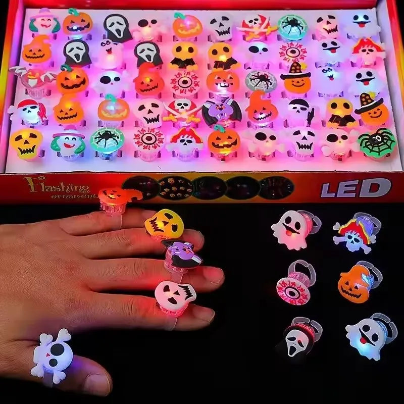 20 Halloween LED Light Up Rings Toys Horror Pumpkin Ghost Spider Glow