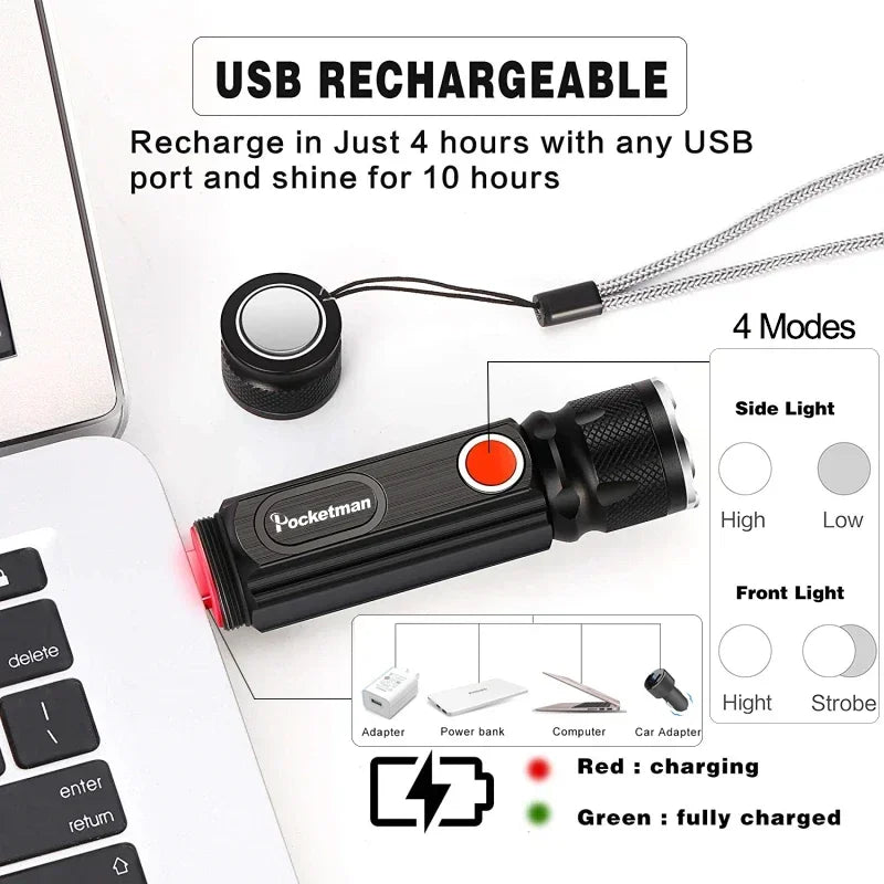 POCKETMAN USB Rechargeable LED Flashlight | COB Side Light 3800LM