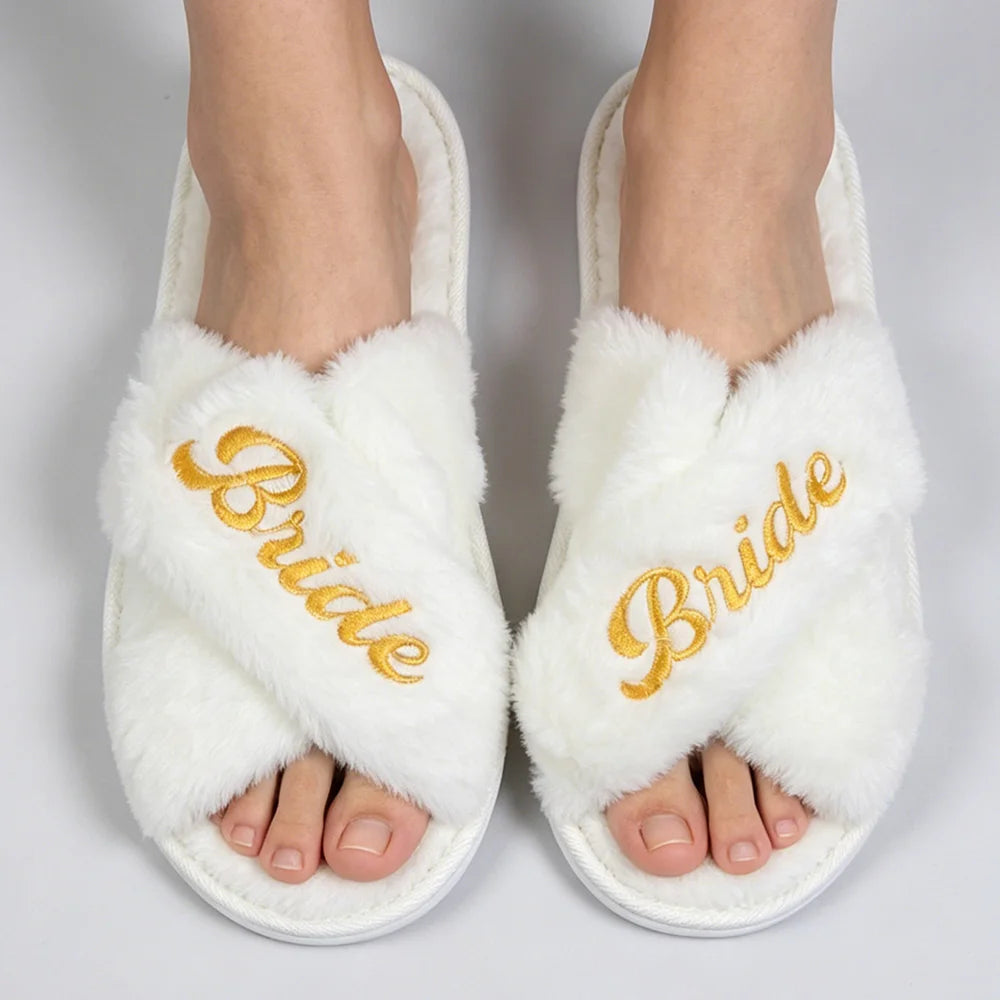 Wedding Bride Slippers Bridesmaid Slippers Embroidered Plush Open Toe Slippers Gifts for Bridal Shower Bachelorette Party Zpaxo