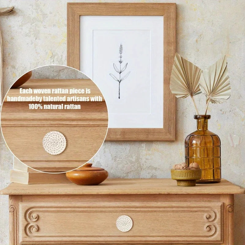 6PCS Rattan Wooden Handles Round Handmade Cabinets Drawer Pulls Wood Kitchen Cupboard Wardrobe Door Dresser Knobs Zpaxo