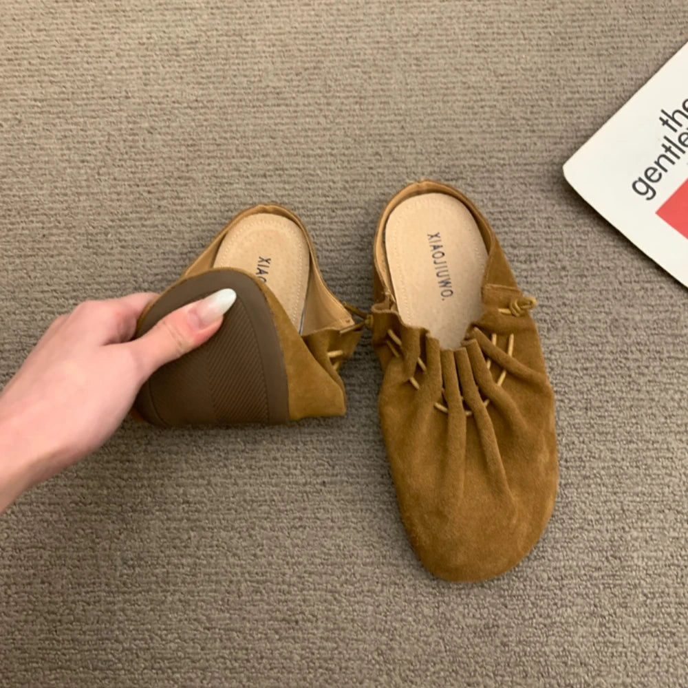 Women Flats Slippers Designer Pleated Casual Mules Shoes 2025 Spring Zpaxo 39 Brown