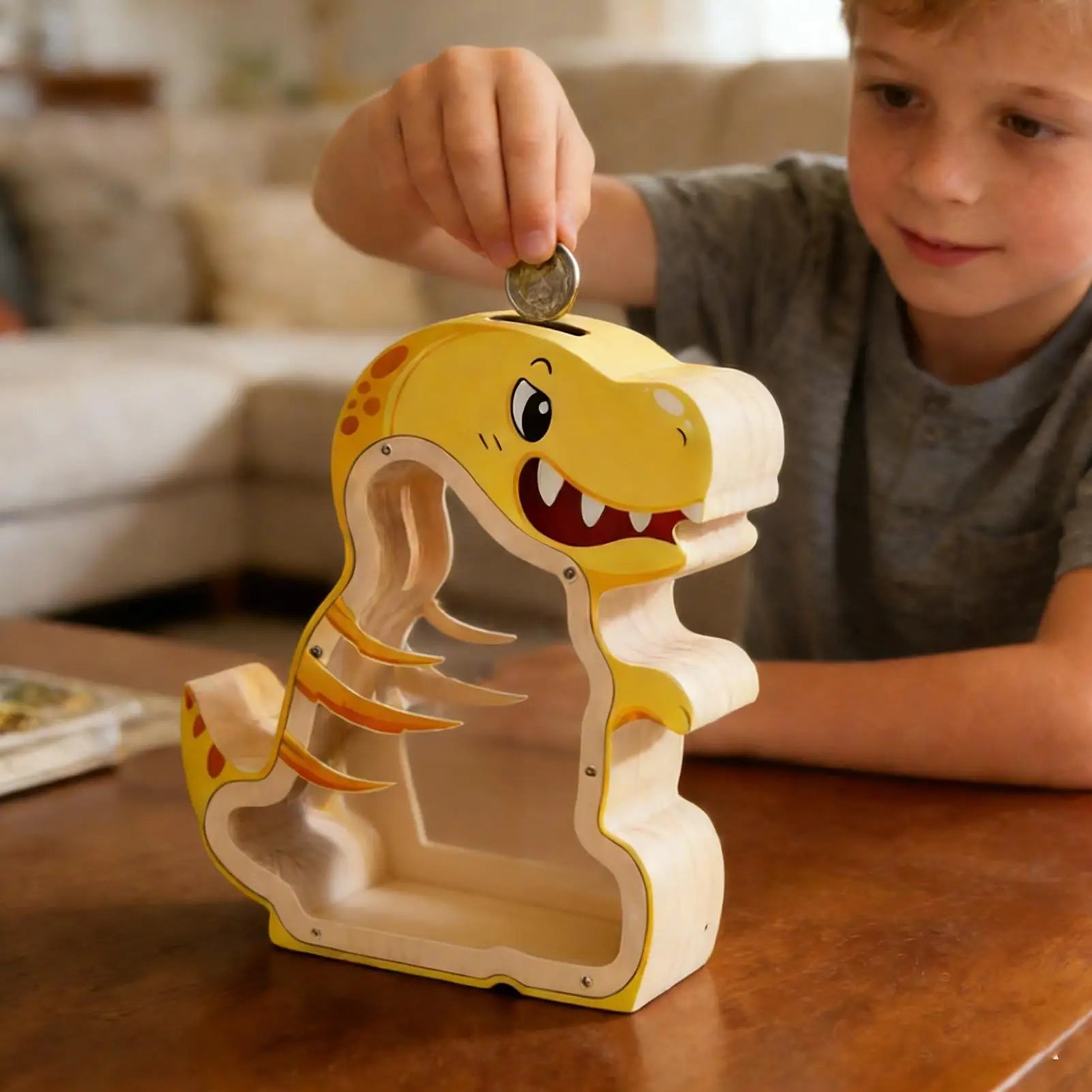 Coin Bank Wooden Dinosaur Safe Cash Box Jar Boys Girls Child Room