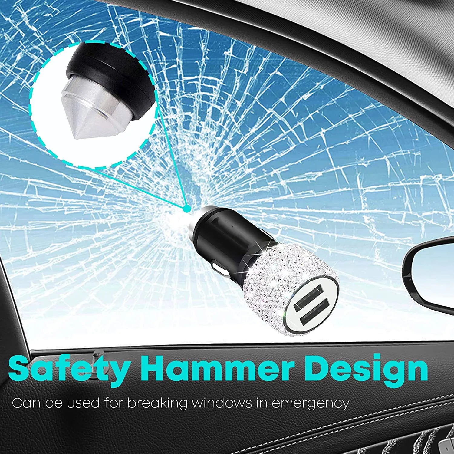 Dual USB Port Car Charger Safety Hammer Design Handmade Rhinestone