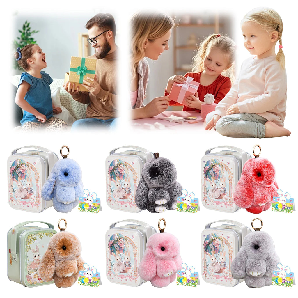 Cute Soft Fuzzy Bunny Keychain Tin Box Wishes Card Lucky Keychains