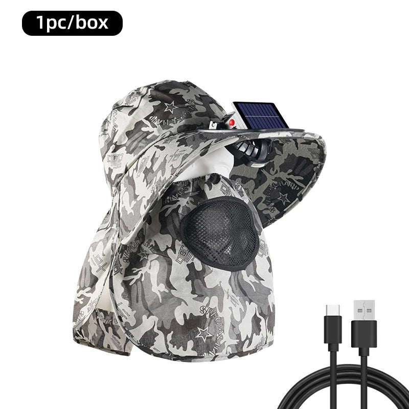 Solar Fan Cap Cooling Outdoor Hiking Fishing UV Protection Full Sun