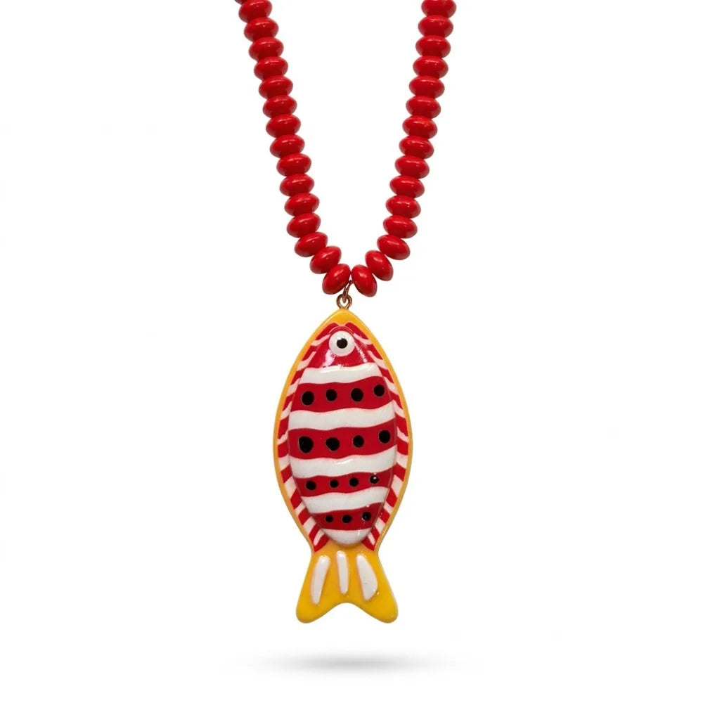Fashion Colorful Fish Pendant Necklace Handmade Boho Beaded Chain Necklace Jewelry Gift Summer Beach Zpaxo Orange-Red