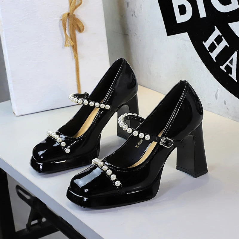 Retro Square Toe Thick Heel Shoes Waterproof Platform Pearl Heels Zpaxo