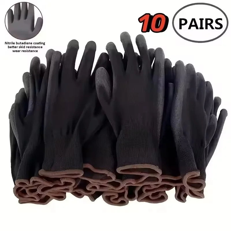 10Pair Black Nylon PU Coated Anti-slip Safety Gloves ESD Protection