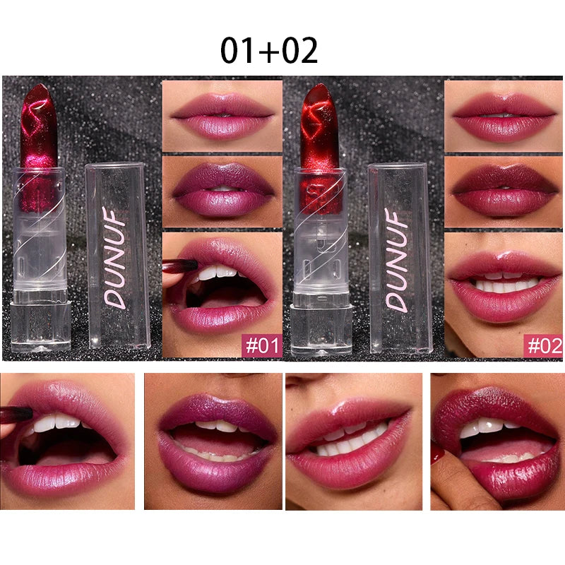 2pcs Moisturizing Cat Eye Lipstick Mirror Glitter Metallic Lipstick Diamond Pink Pearl Sparkling Lip Gloss Color Changing Lips Zpaxo 01 02