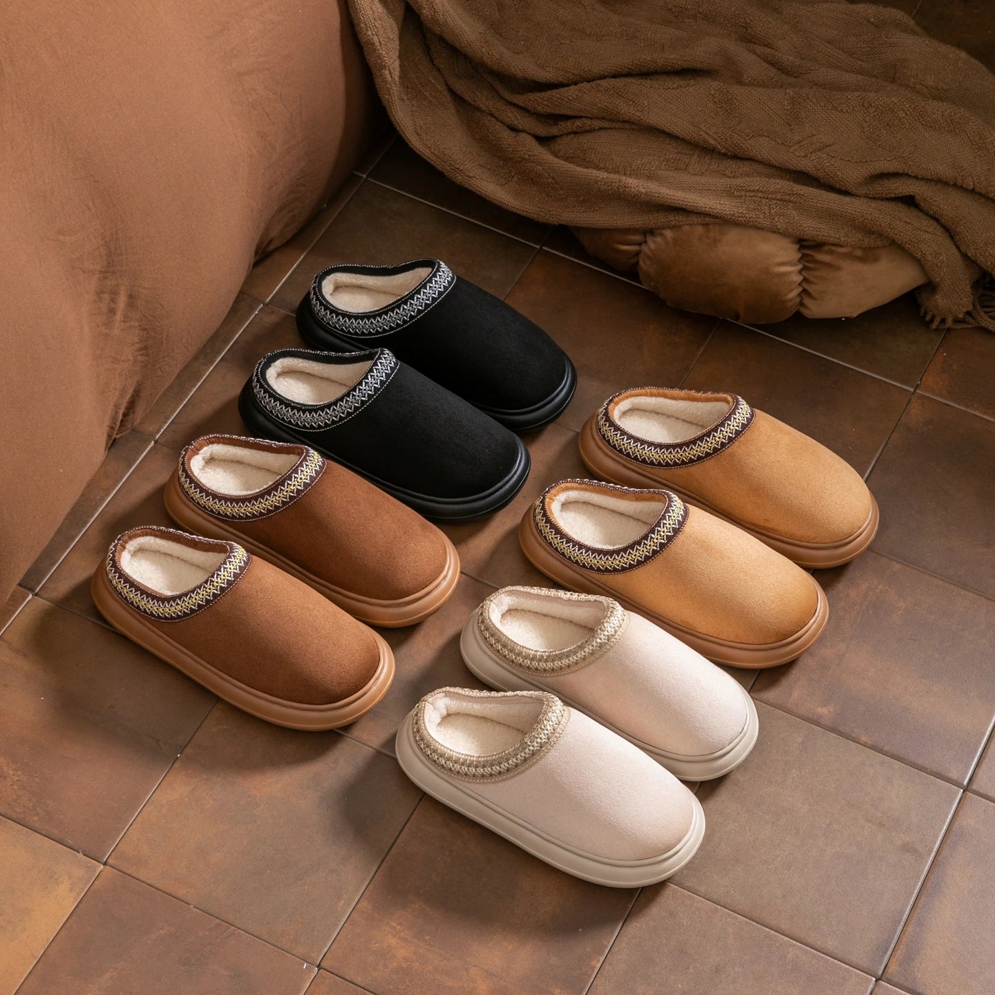 Fashion Ladies Suede Autumn Winter Slippers Plush Warm Non-slip