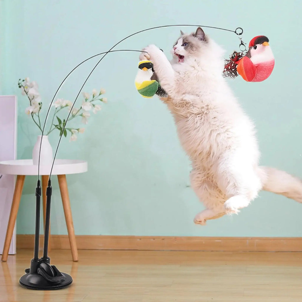 Cat Teaser Toy Stick Removable Suction Double Simulated Chirping Bird
