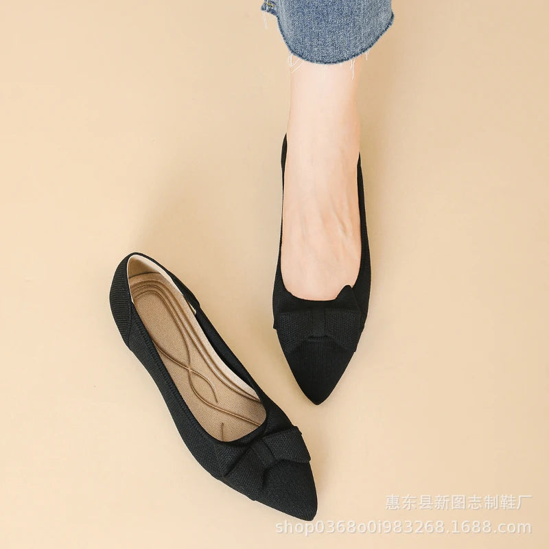 Pointed Toe Knit Princess Shoes Shallow Mouth Bowknot Casual Flats Zpaxo