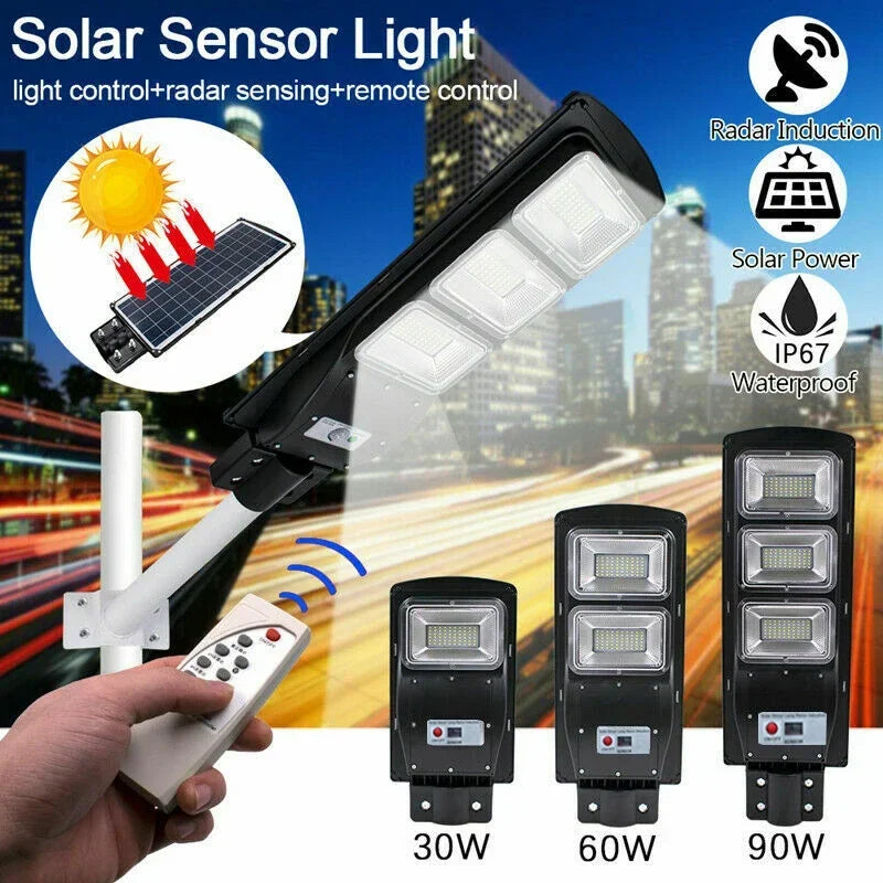 Solar Street Lamp with Radar Motion Sensor, Waterproof, IP67, Wall, Outdoor, Landscape, Garden, Road Light with Pole, 90W Zpaxo
