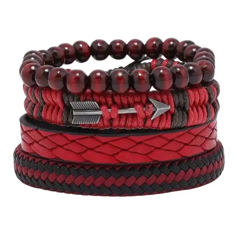 4-Piece Vintage Men's Leather & Wooden Beaded Bracelet Set