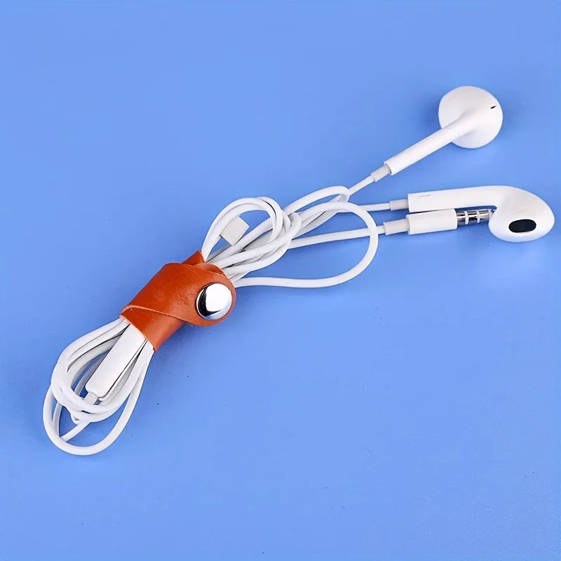 Faux Leather Data Cable Earphone Tie Desktop Storage Organizer Mobile