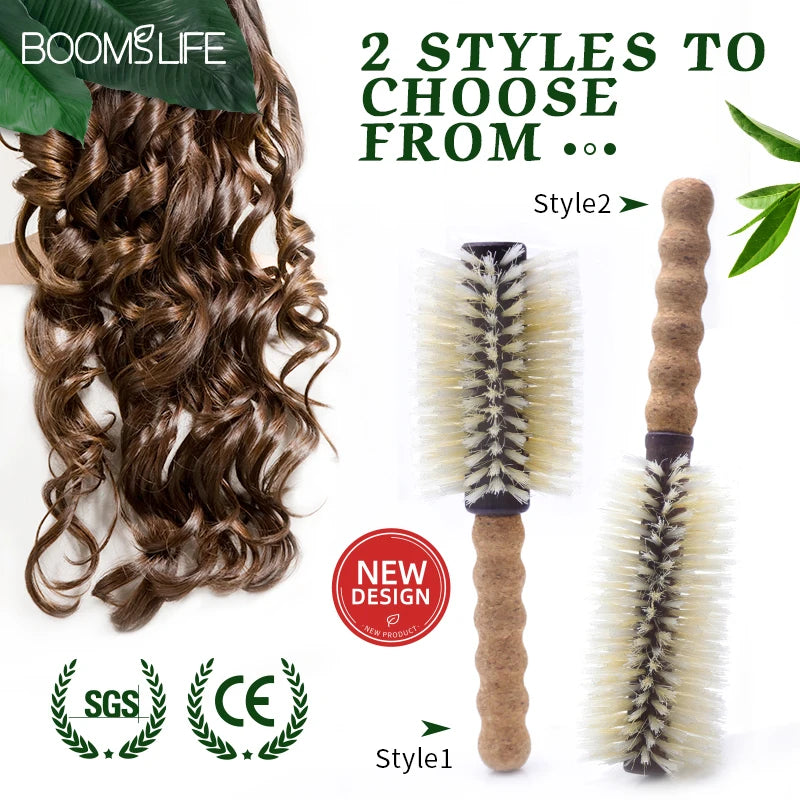 Personalized Name Boar Bristle Roller Hair Brush Cork handle Women Round Rolling Brush Barrel Curling Straight Twill Hair Comb Zpaxo